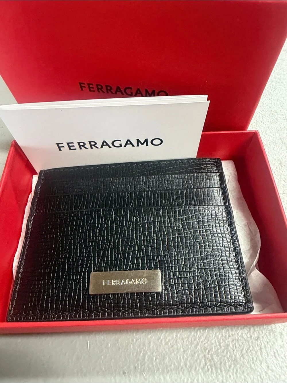 Salvatore Ferragamo Black Textured Leather Card & Key Holder with Gold Plaque